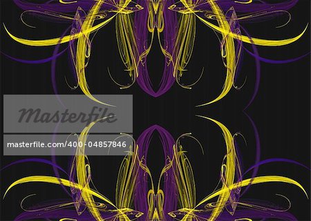 Continuous fractal background pattern in the shape of flower buds in shades of yellow and purple.