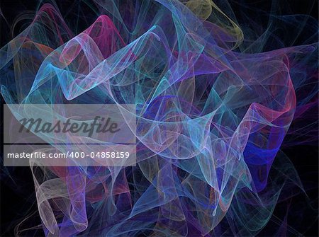 Multi-colored swirling transparent fabric fractal in shades of blue.
