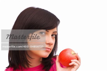Girl with red apple isolated on white
