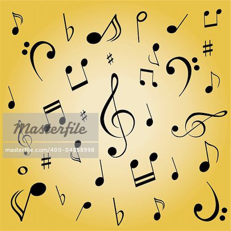 Musical notes spread on gold background