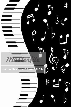 Various music notes with piano keys