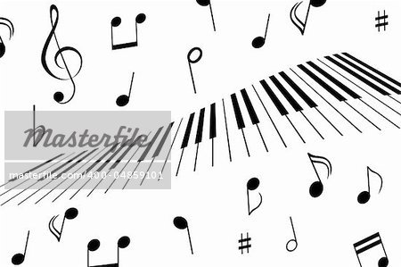 Music notes around the piano keys