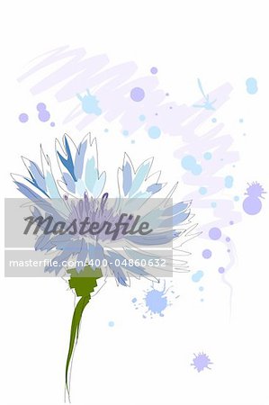 beautiful blue watercolor cornflower with splash on white background