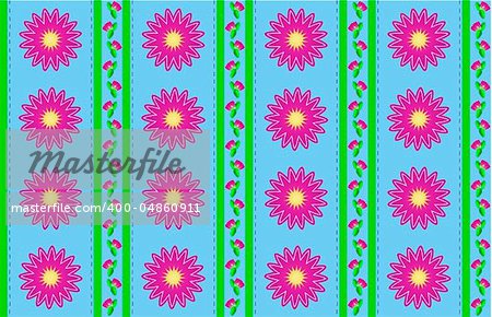 Vector eps10.  Blue wallpaper background with pink mums or zinnias accented by green stripes and quilting stitches.