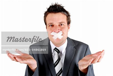 Man with tape over his mouth in a gesturing pose of speachlessness