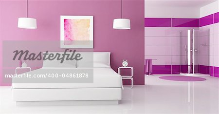purple bedroom with white double bed and  cabin shower-rendering-the art picture on wall is a my composition