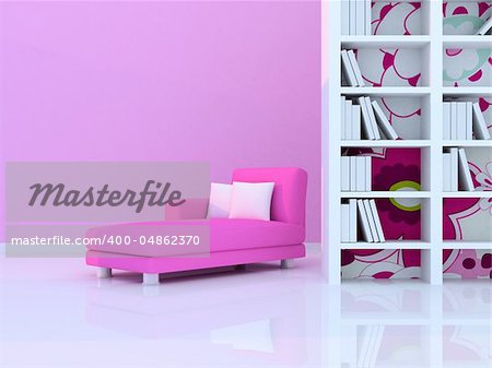 interior of the modern room, purple wall and pink sofa