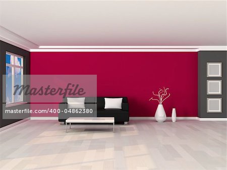 interior of the modern room, grey and pink wall and black sofa