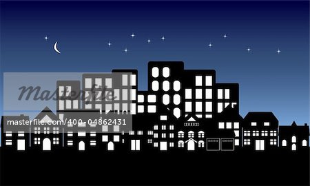 Night fall on urban and suburban buildings