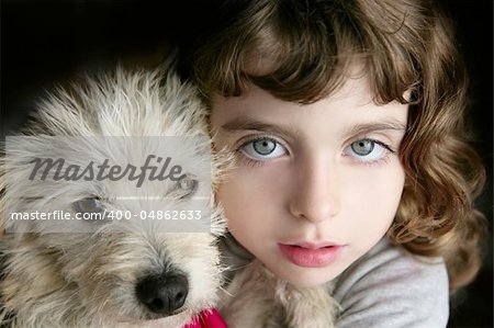 dog puppy and girl hug portrait closeup blue eyes white hairy little doggy