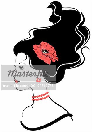 beauty girl face silhouette with red poppy in hairstyle