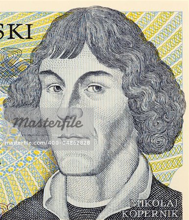Nicolaus Copernicus on 1000 zlotych 1982 banknote from Poland. First astronomer to formulate a scientifically-based heliocentric cosmology that displaced the Earth from the center of the universe.