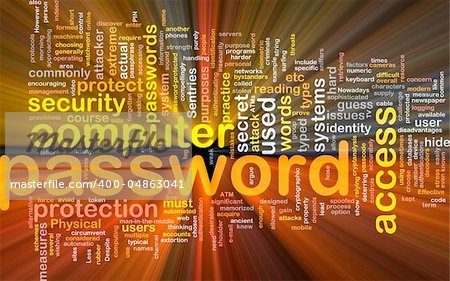 Background concept wordcloud illustration of password glowing light