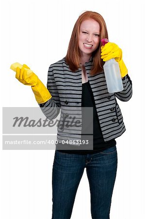 Aglove wearing beautiful woman or maid cleaning house with a sponge and spray bottle with cleaner