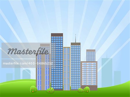 Panorama of Downtown with Skyscrapers And Green Meadow on Horizon. Vector Illustration