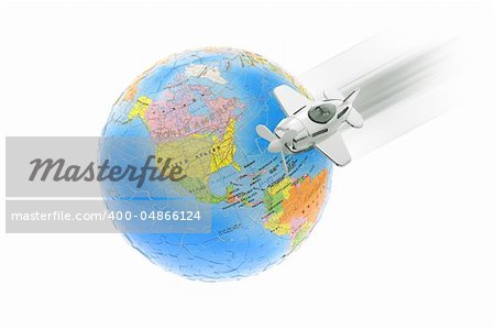 Flying aircraft and jigsaw puzzle globe on white background