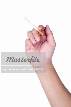 A hand holding a cigarette on isolated white background