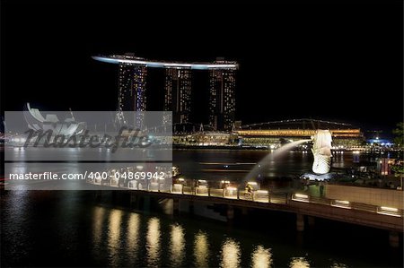 Merlion Park by Singapore River at Night