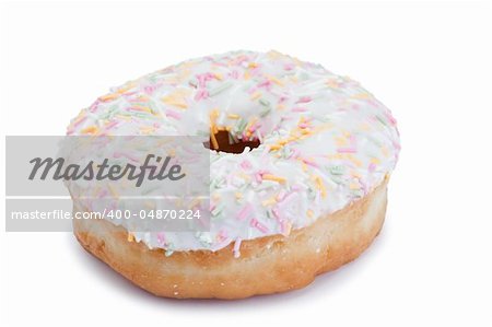 Pink Iced Doughnut covered in sprinkles isolated against white background