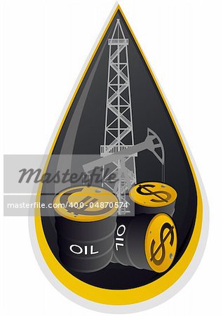 Iron barrels of oil products and images on them currency symbols against oil installations. Illustration on the background of the oil droplets.