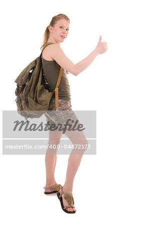 Backpacker a young woman isolated on white background