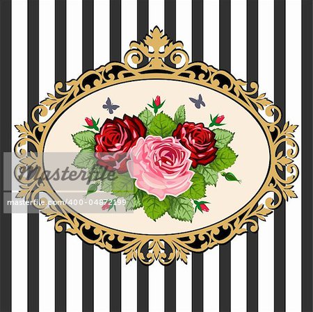 Classical black & gold victorian frame with rose bouquet, space for your text. Vintage rose bouquet illustration on black white background.