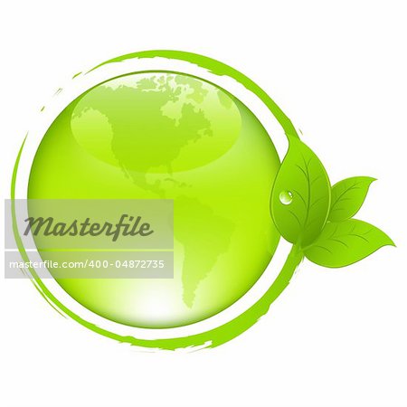 Green Earth With Leaves, Isolated On White Background, Vector Illustration