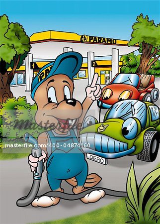 Castor and Gas Station - Cartoon Background Illustration, Bitmap