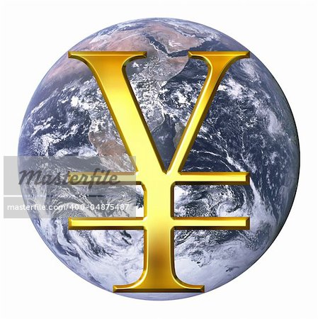 Yen over earth isolated in white