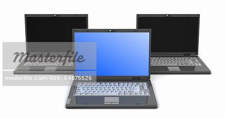 3d illustration of three laptop computers over white background