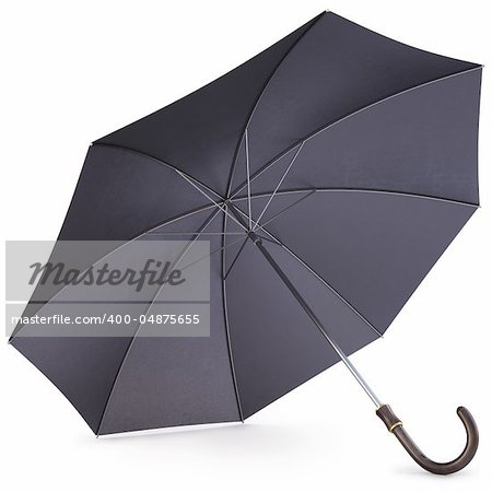 Open black umbrella with wooden handle. isolated on white.