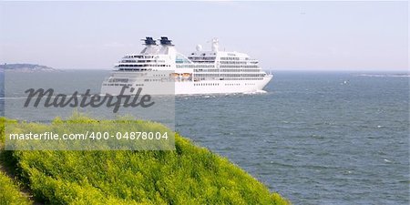 Cruise ship in Finland Gulf with yellow flowers in the foreground, Suomenlinna Sveaborg Helsinki