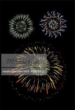 Brightly Colorful Vector Fireworks and Salute- vector isolated on black background