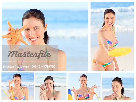 Collage of a pretty brunette woman enjoying the moment on a beach