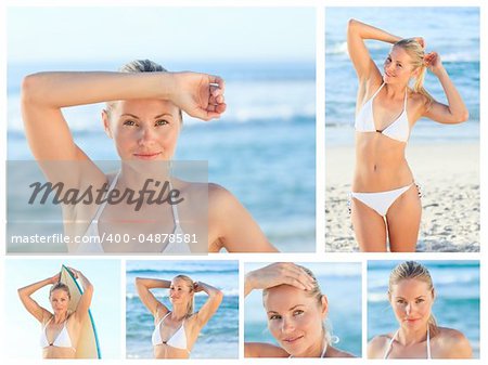 Collage of a beautiful blonde woman posing on a beach