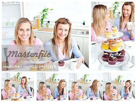 Collage of young beautiful women ready for a snack in the kitchen