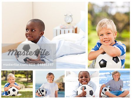 Collage of several boys with footballs