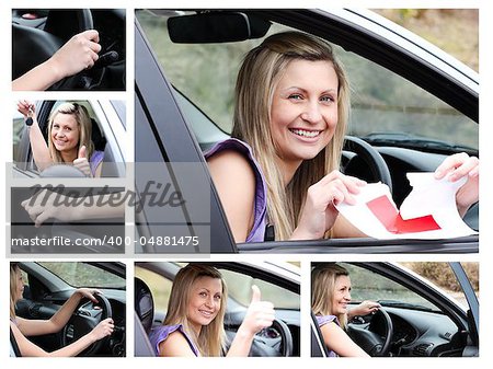 Collage of a young driver in her car