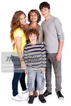 Happy family posing on white background..