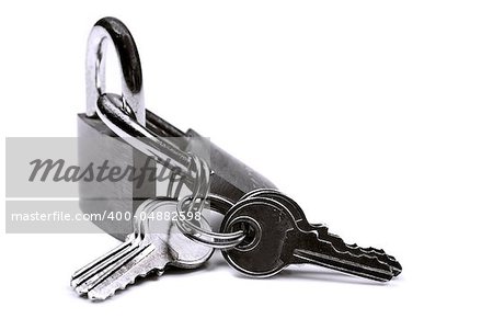 Close up of locks and keys on a white background with space for text