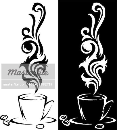 two beautiful stylized cup of steaming coffee