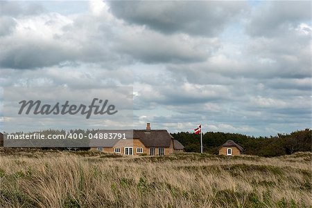 Sommerhouse and Danish flag out the dunes a summer day.