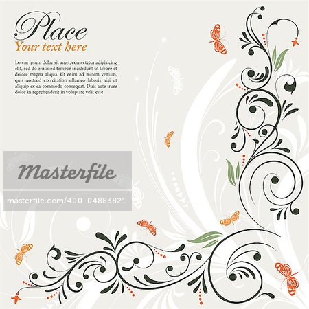 Decorative floral frame with butterfly, element for design, vector illustration