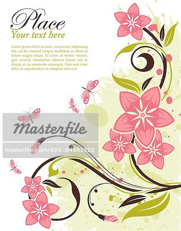 Grunge decorative floral frame with butterfly, element for design, vector illustration