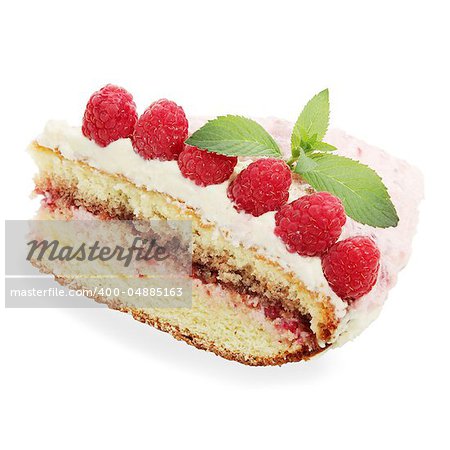 sponge cake  with the raspberries, against the white background