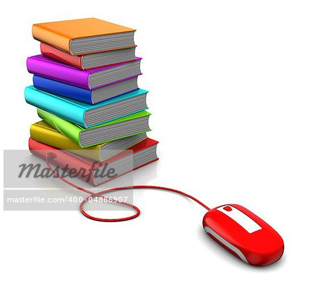 3d illustration of books and computer mouse, electronic library concept