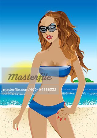 Vector Illustration of a blue bikini girl on the beach.