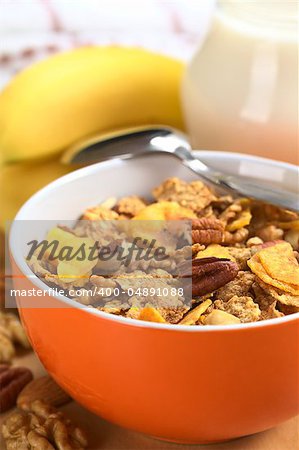 Healthy and delicious breakfast with a bowl full of wholewheat flakes mixed with banana chips, walnuts and pecan nuts surrounded by nuts and fresh banana with milk in a jug in the back (Selective Focus, Focus on the pecan nut one third into the bowl)