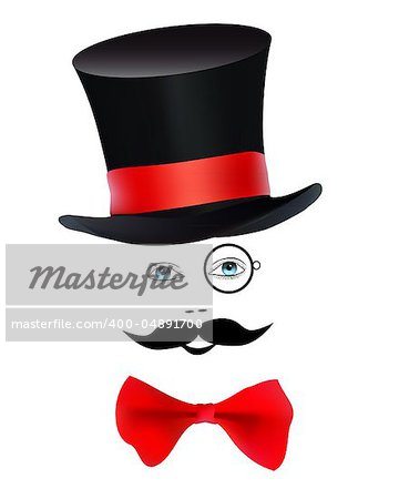 eyes with a monocle and mustache butterfly hat magician on a white background