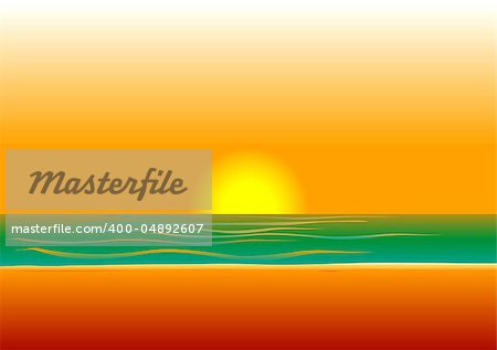 Vector Illustration of a woman in red swimsuit on beach during sunset/sunrise.